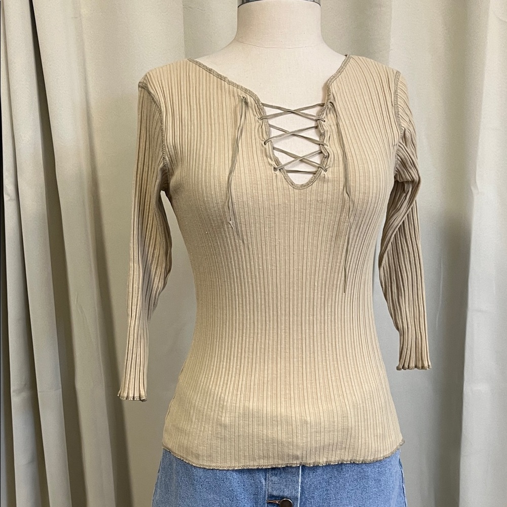One Step Up Beige Lace-Up Ribbed Top